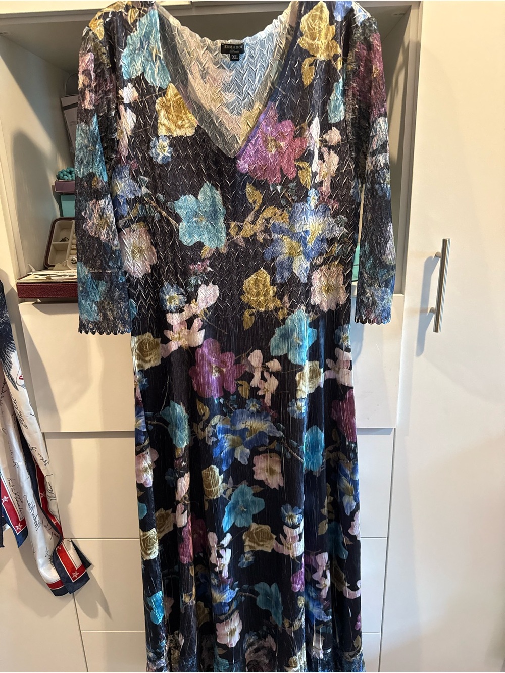 Komarov Black Velvet Floral V-Neck Maxi Dress with Blue, Purple & Gold Accents